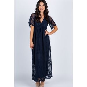PinkBlush Navy Blue Lace Mesh Overlay Maxi Dress Large
